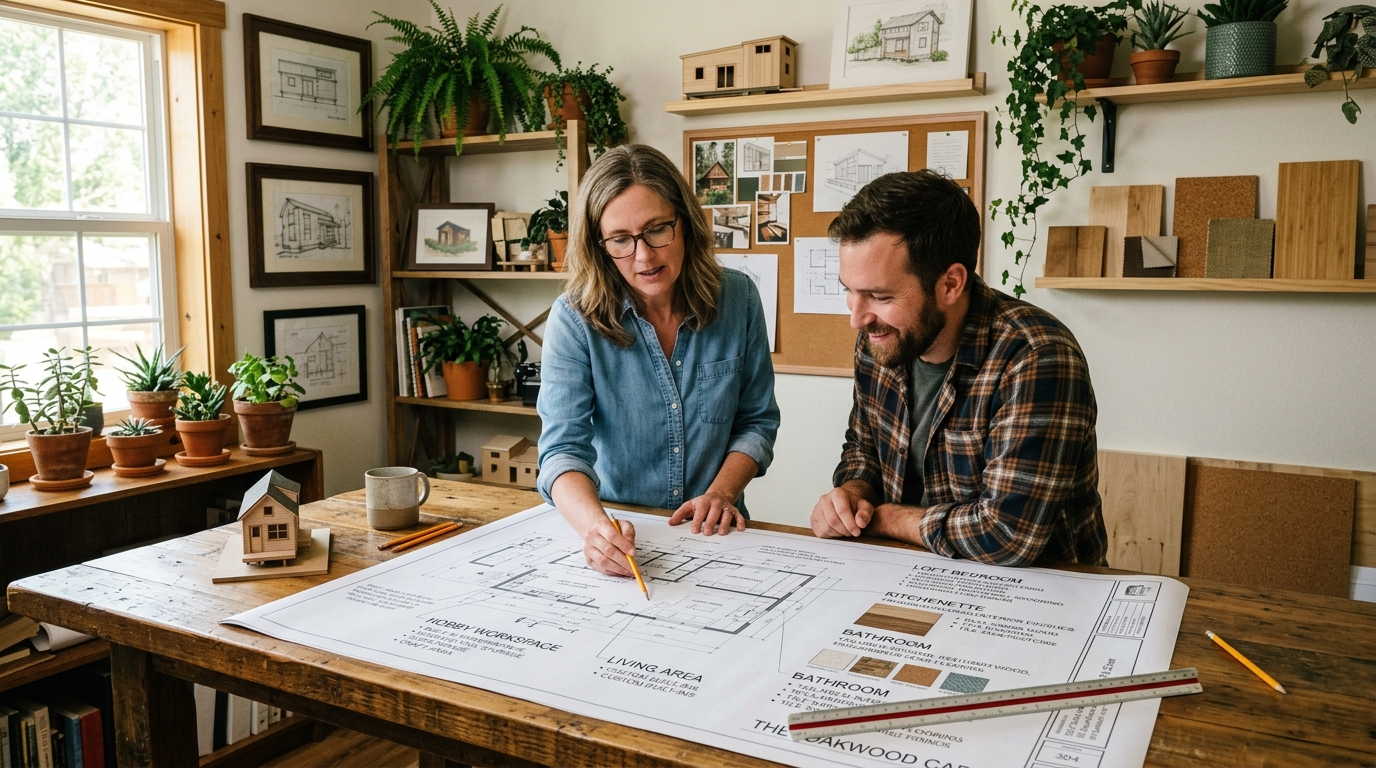 Architect and client reviewing a tiny house blueprint with personalized design elements in a cozy studio.