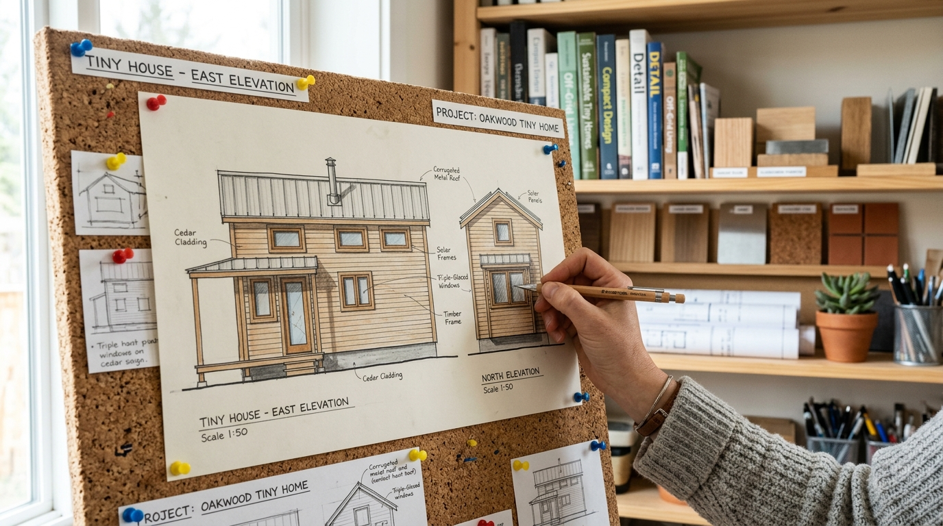 Elevation drawings of a tiny house pinned to a corkboard, showing exterior design details and window placements.