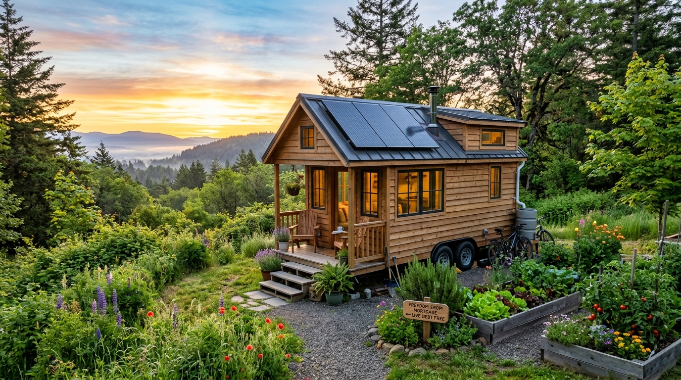 Tiny house surrounded by greenery at sunrise, symbolizing financial freedom.