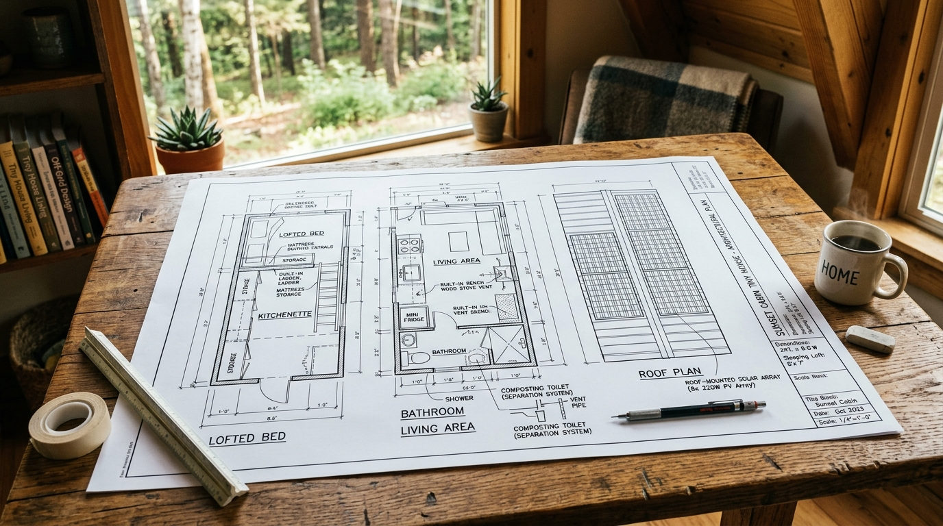 Tiny house blueprint with solar panels, lofted bed, and composting toilet on a wooden table.