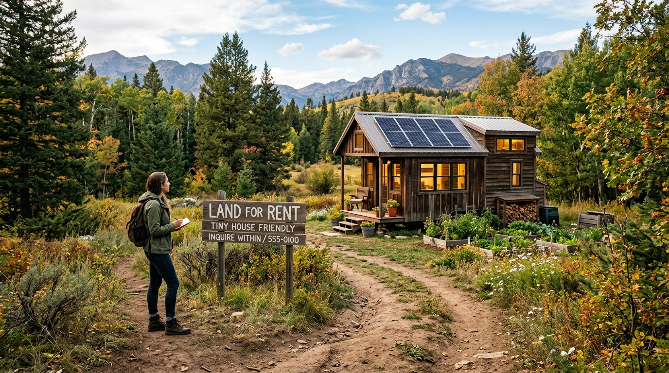 Tiny house on rented land with solar panels and garden, surrounded by nature.