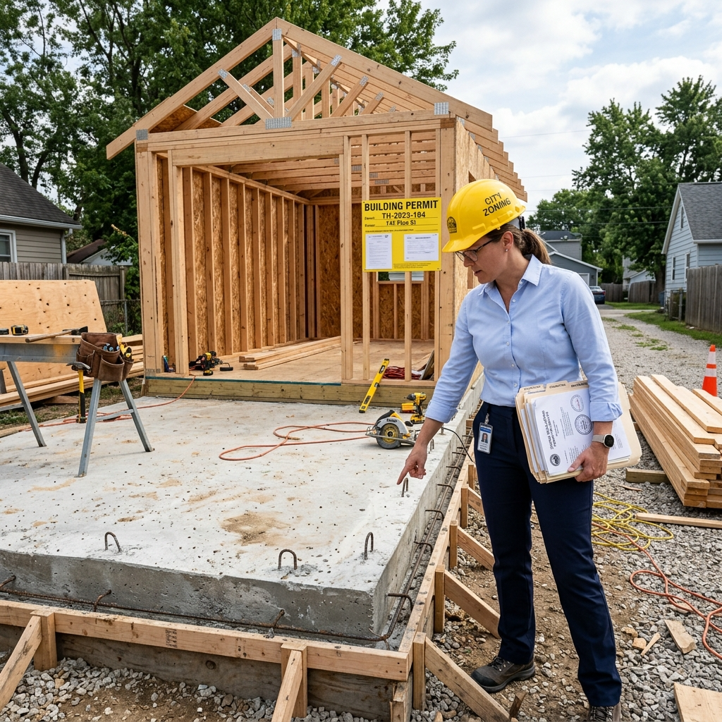 Tiny house construction with city official reviewing zoning document.