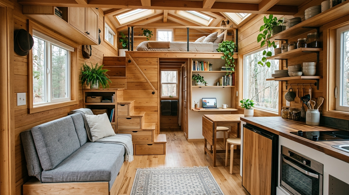 Tiny house interior with open layout, multi-purpose furniture, and clever storage solutions.