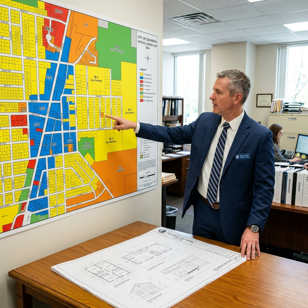 Planning official discussing zoning map with tiny house blueprint on table.
