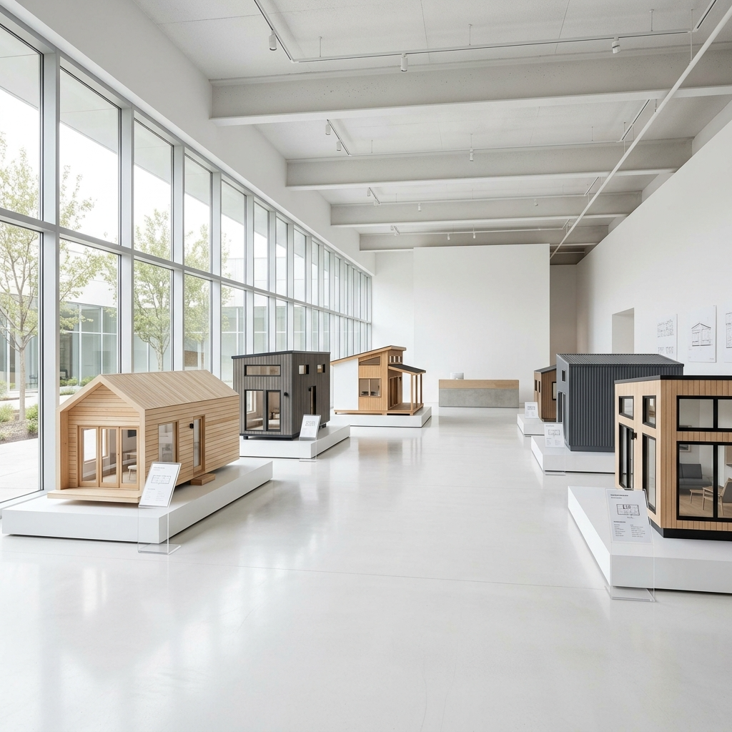 A minimalist, well-lit studio setting showcasing an array of customizable tiny house models. In the foreground, a collection of 1:24 scale architectural models in various contemporary styles - sleek modern, rustic farmhouse, and eco-friendly modular designs. Carefully positioned to highlight their unique features and finishes. In the middle ground, a neutral background with subtle textures to make the models stand out. Warm, directional lighting from the side and above casts soft shadows, emphasizing the forms and details. The overall mood is aspirational yet approachable, inviting the viewer to imagine the possibilities of modern tiny house living.
