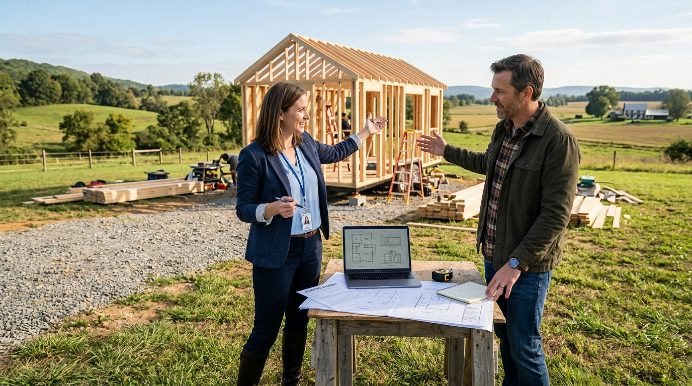 Tiny house construction with real estate agent and zoning documents.