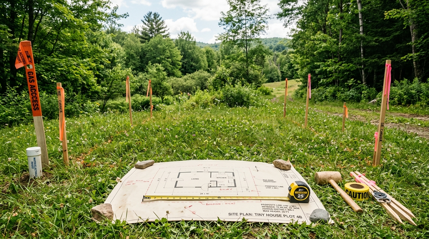 Open plot of land with tiny house blueprint and zoning markers.
