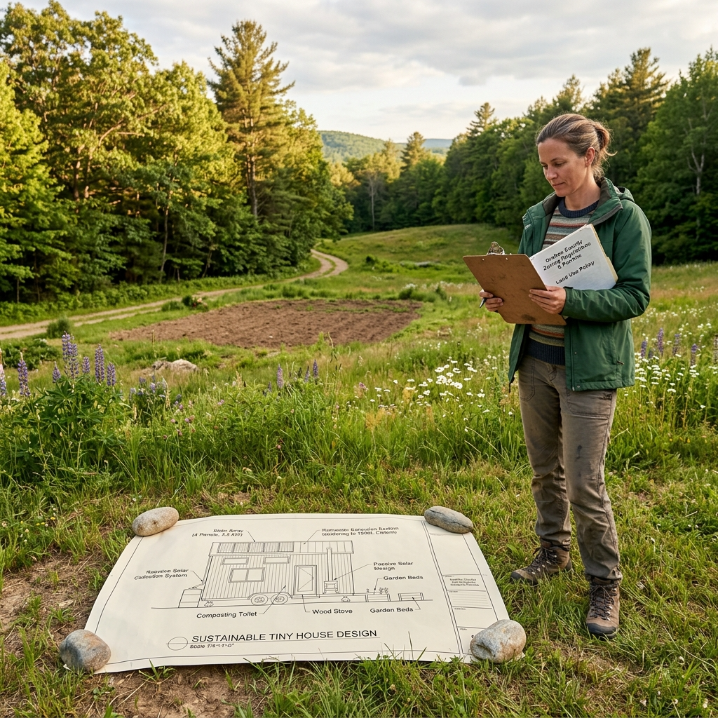 Rural plot of land with zoning documents and tiny house blueprint.