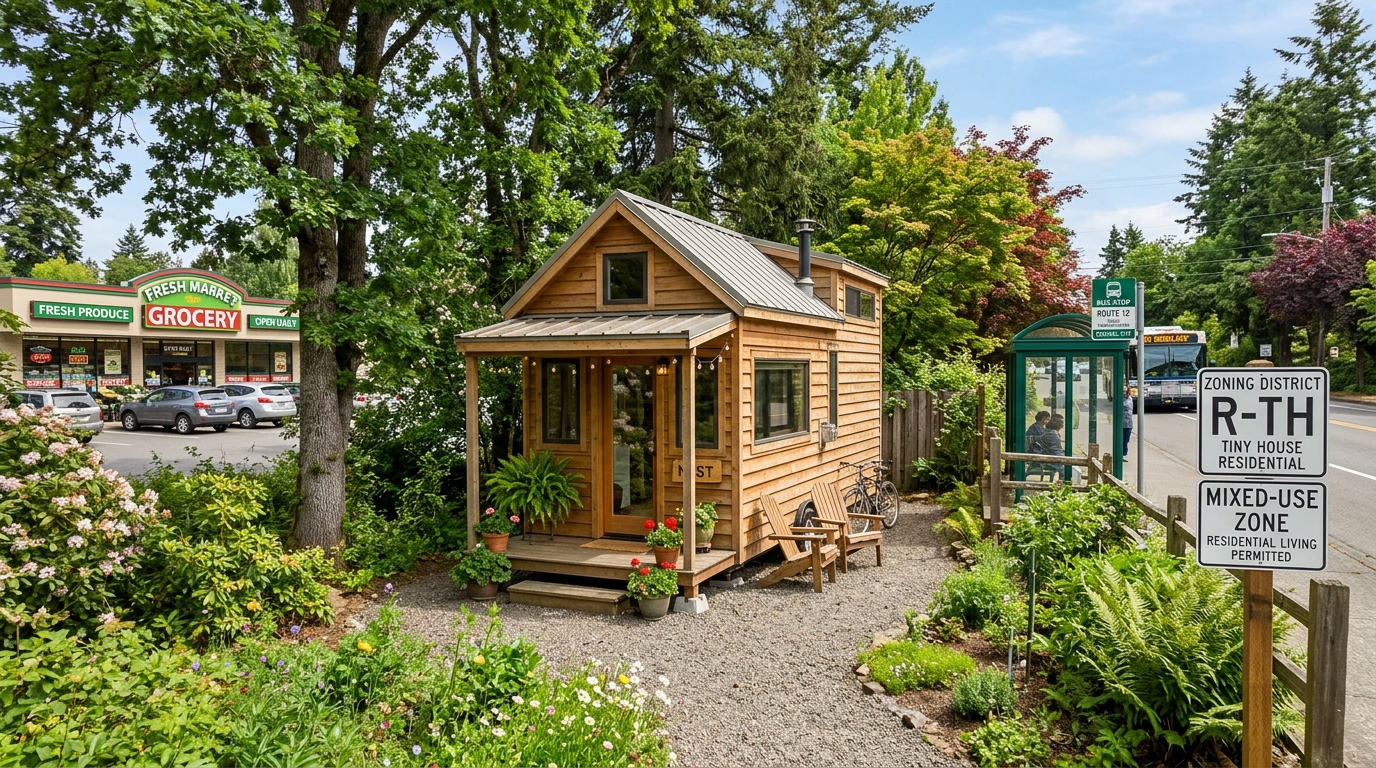 Tiny house near amenities with zoning signs in a green environment.