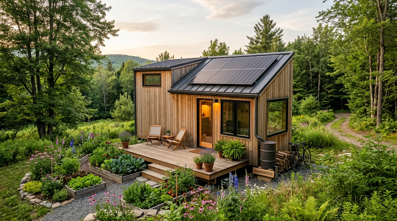 Tiny house in nature highlighting minimalist and sustainable design principles.