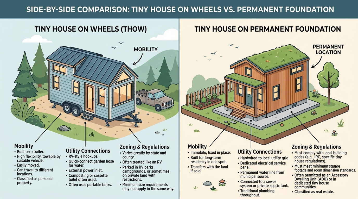 Wheels vs foundation housing comparison: A detailed illustration depicting two tiny houses, one on a wheeled chassis and the other on a traditional foundation. The wheeled house stands in the foreground, showcasing its mobility and compact design. In the middle ground, the foundation-based house emerges, with its sturdy construction and permanent placement. The background features a picturesque landscape, with rolling hills, lush vegetation, and a warm, golden-hour lighting that casts a soft, inviting glow over the scene. The image conveys the distinct advantages and trade-offs of each tiny house approach, allowing the viewer to envision the practical considerations for their specific needs and zoning regulations.