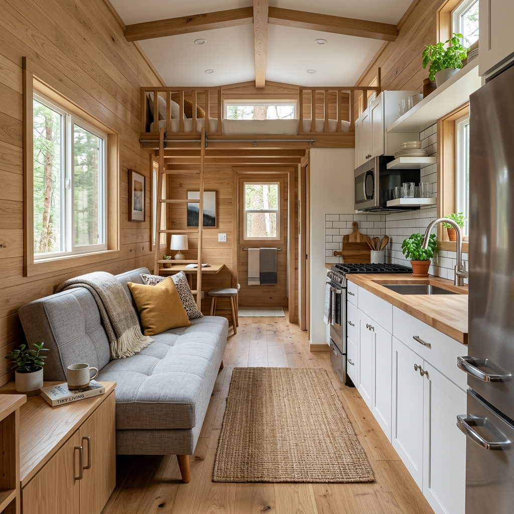 a highly detailed and photorealistic 3D rendering of the interior layout of a customizable tiny house, showcasing various modular and flexible design elements. The scene is brightly lit with soft, natural lighting from large windows, accentuating the modern, minimalist aesthetic. The foreground features a multipurpose living space with a comfortable sofa, a compact kitchen with sleek appliances, and a workspace area. The middle ground displays a loft sleeping space accessible by a wooden ladder, and the background reveals a bathroom with a minimalist vanity and shower. The overall atmosphere is one of spaciousness, versatility, and thoughtful design, inviting the viewer to imagine the myriad ways this tiny house could be personalized to suit diverse lifestyles.