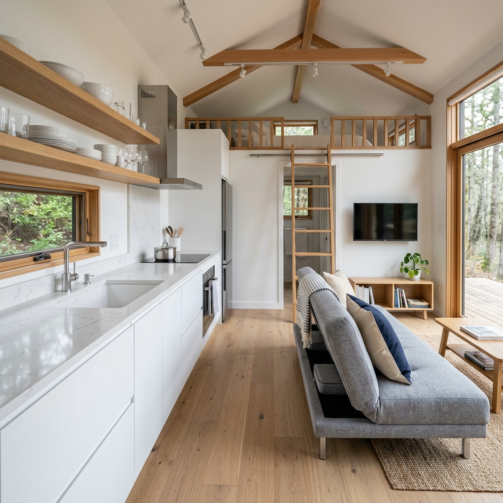 a minimalist, modern tiny house with a customizable floor plan, open concept layout, and sleek, contemporary design. The house is situated in a lush, natural setting with tall evergreen trees in the background and a small, well-manicured yard in the foreground. The exterior features clean lines, large windows that let in abundant natural light, and a neutral color palette of whites, grays, and natural wood tones. The interior is bright and airy, with an emphasis on flexible and modular furnishings that can be easily rearranged to suit the homeowner's needs and preferences. The overall mood is one of simplicity, comfort, and a strong connection to the surrounding environment.
