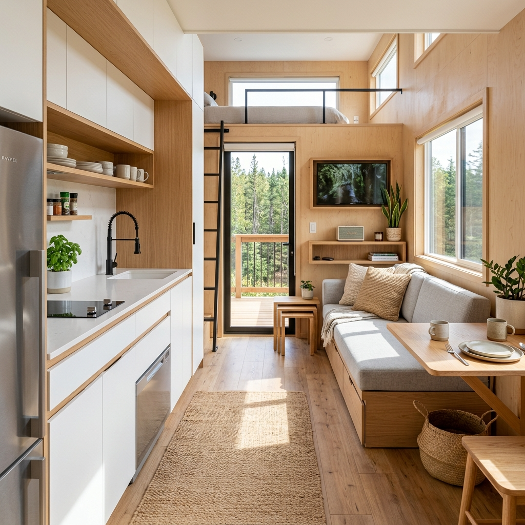 Interior of a prefab tiny house with modern design, energy-efficient appliances, and multifunctional furniture.