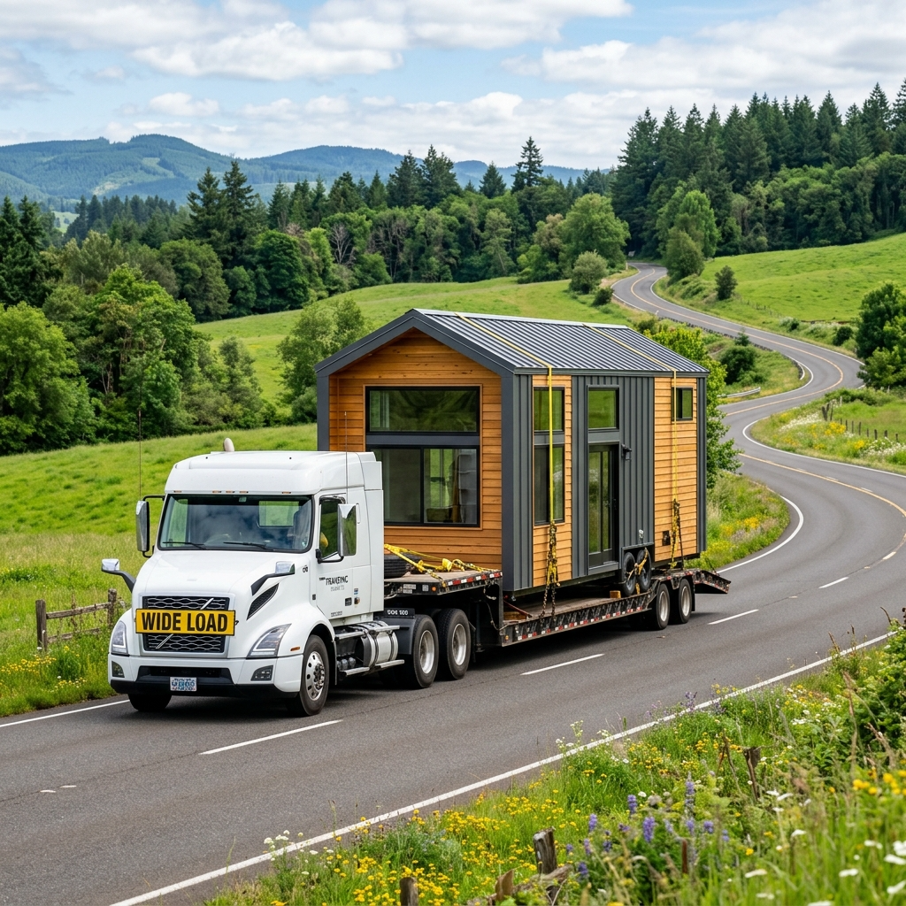 Modern prefab tiny house on a truck in the countryside, highlighting portability and sustainable design.