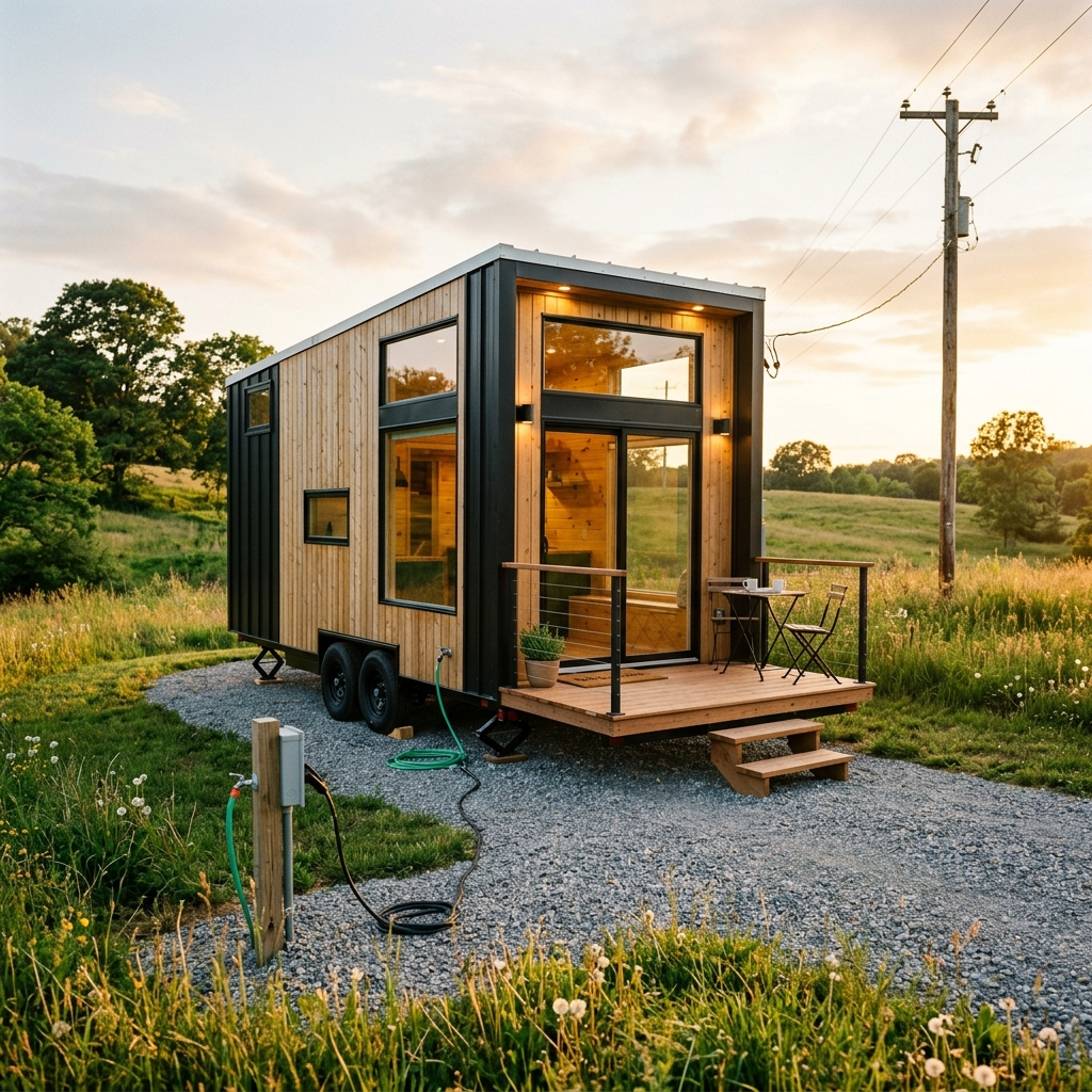 Tiny house parked on rented land with utility hookups, surrounded by a grassy field and gravel driveway.