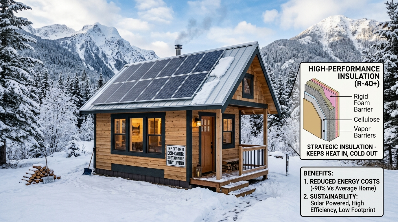 Tiny house with solar panels and insulation in snowy landscape.