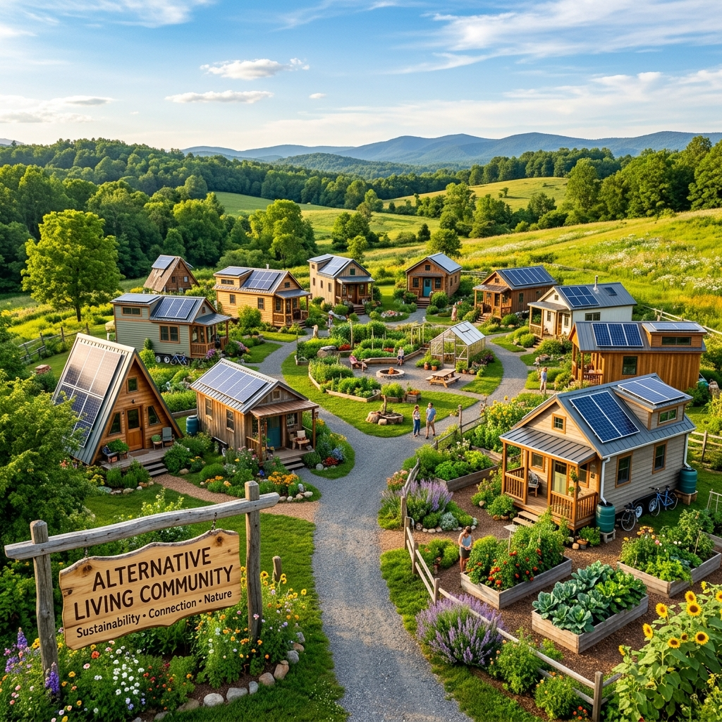 Tiny house community in rural area with solar panels and gardens.
