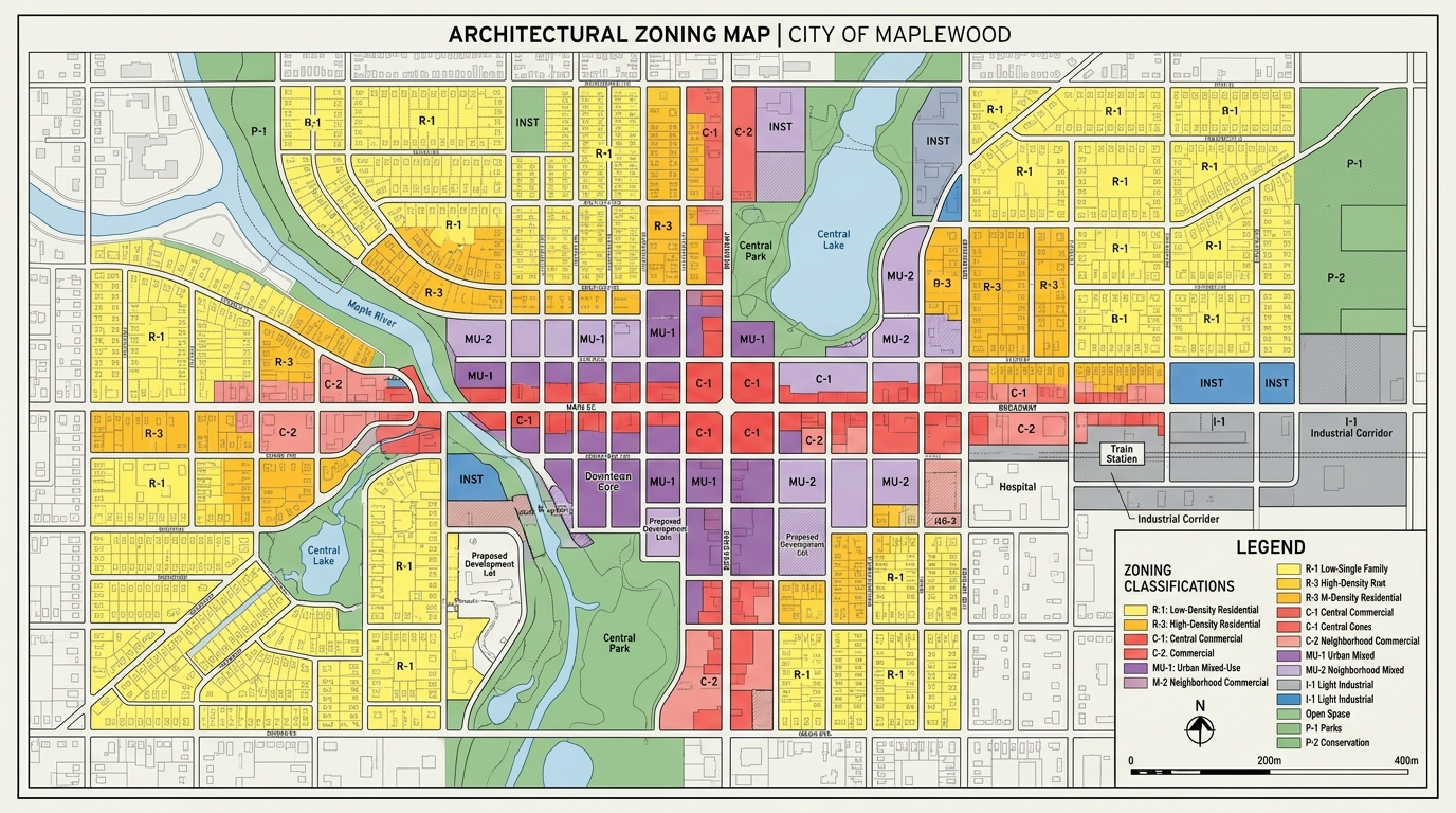A detailed architectural diagram of a zoning map, showcasing the intricate land use regulations. The foreground features a grid-like layout of residential, commercial, and industrial zones, delineated by clear boundaries. The middle ground highlights infrastructure like roads, parks, and public facilities, strategically placed within the zoning framework. In the background, rolling hills and a vibrant skyline set the scene, conveying a sense of a thriving urban environment. The lighting is soft and diffused, creating a sense of depth and dimension. The composition is captured through a wide-angle lens, providing a comprehensive view of the zoning landscape. The overall mood is one of order, planning, and thoughtful urban development.