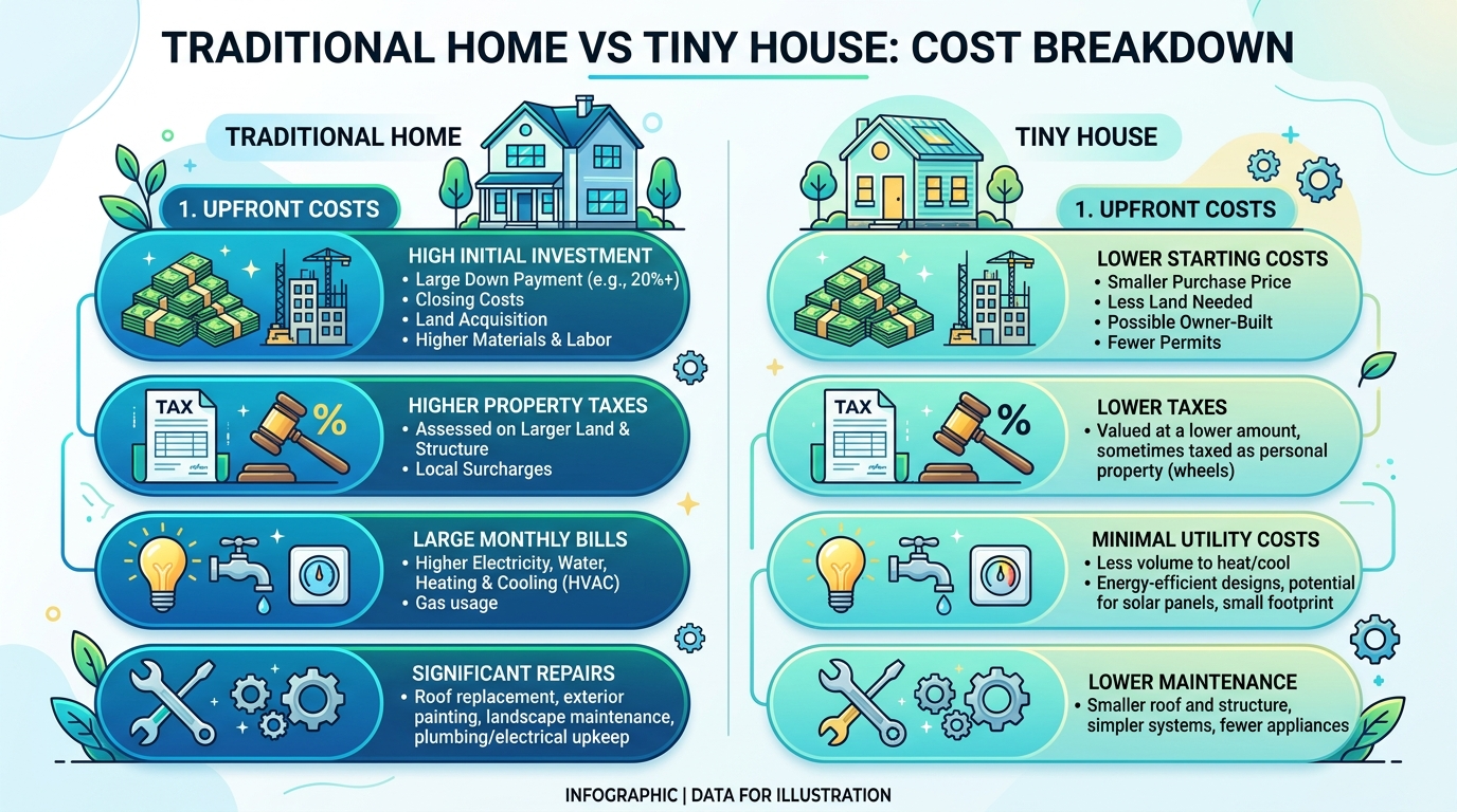 Infographic comparing costs: traditional homes vs. tiny houses.