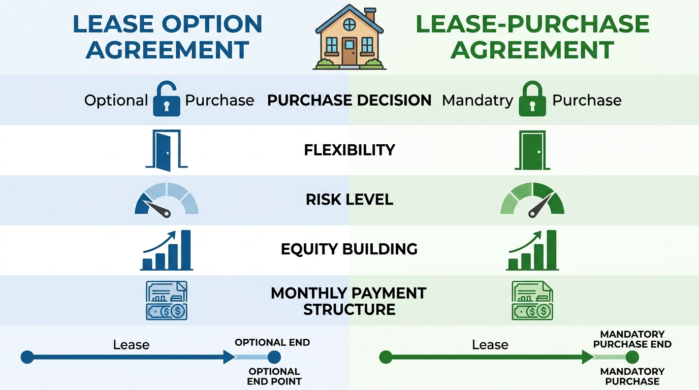 Infographic comparing lease option and lease-purchase agreements for tiny house rent to own programs.