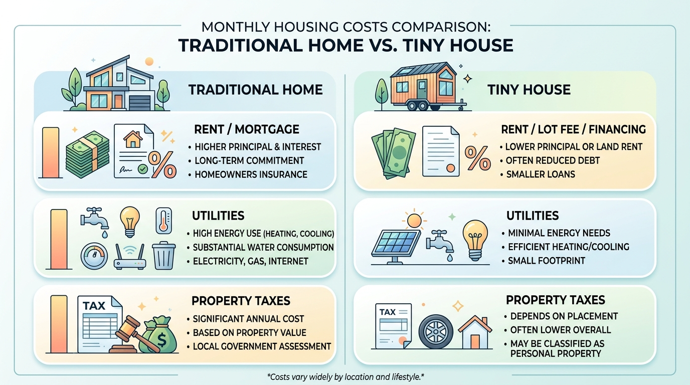 Infographic comparing monthly costs: traditional homes vs. tiny houses.