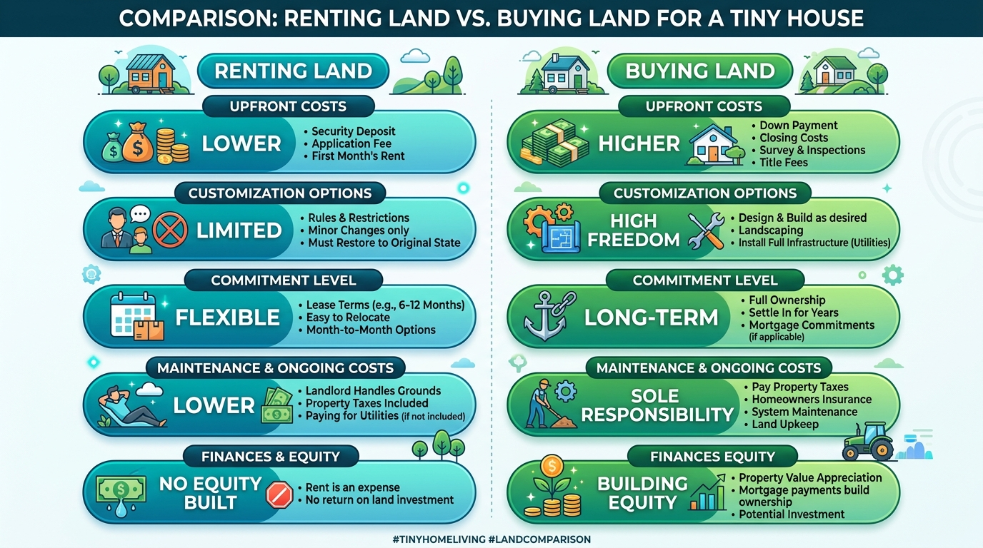 Infographic comparing renting vs. buying land for tiny houses with costs and customization details.