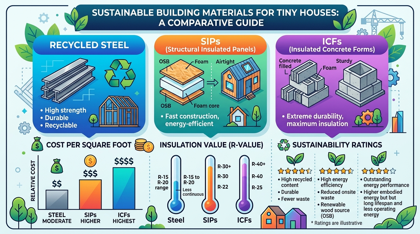 Infographic comparing sustainable materials for tiny house construction.