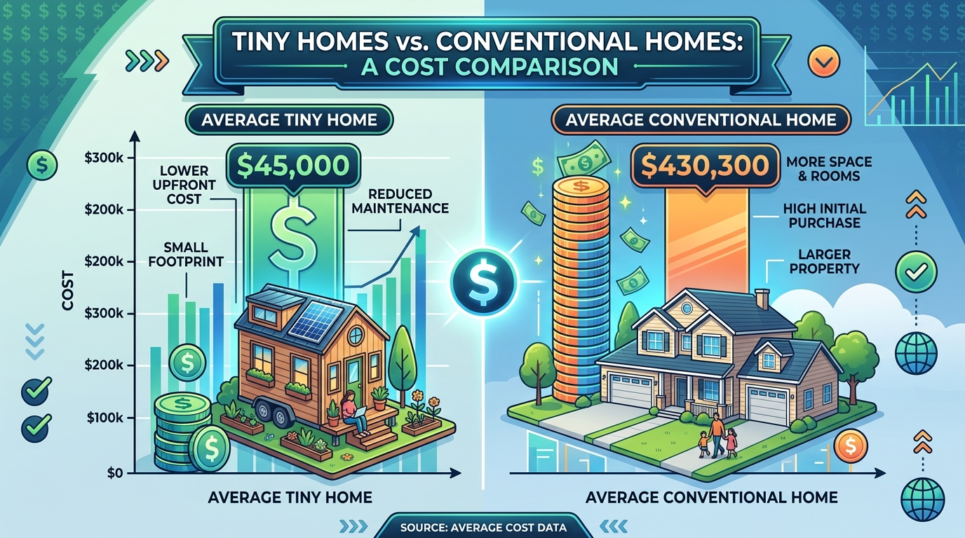 Infographic comparing tiny house costs to conventional home prices.