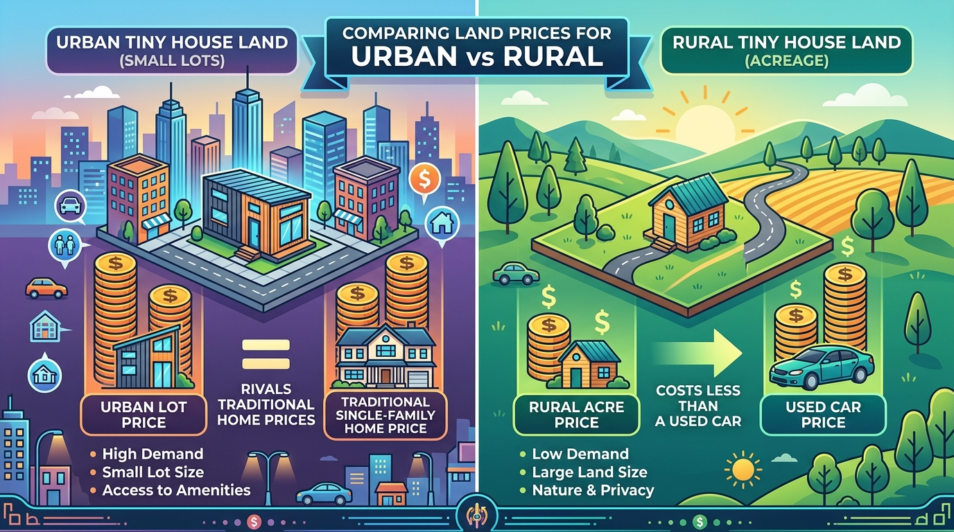 Infographic comparing urban and rural land prices for tiny houses with visual cost differences.