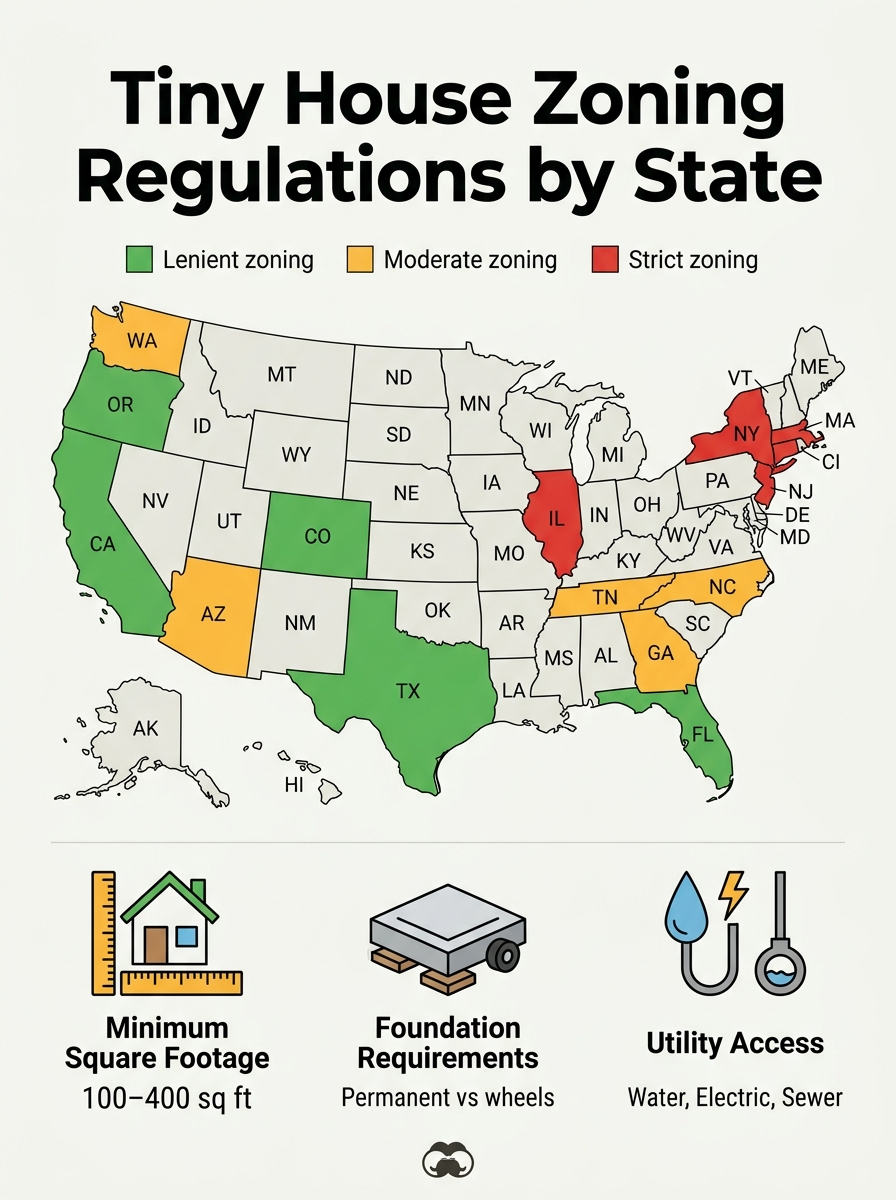 Infographic showing zoning regulations for tiny houses across U.S. states.