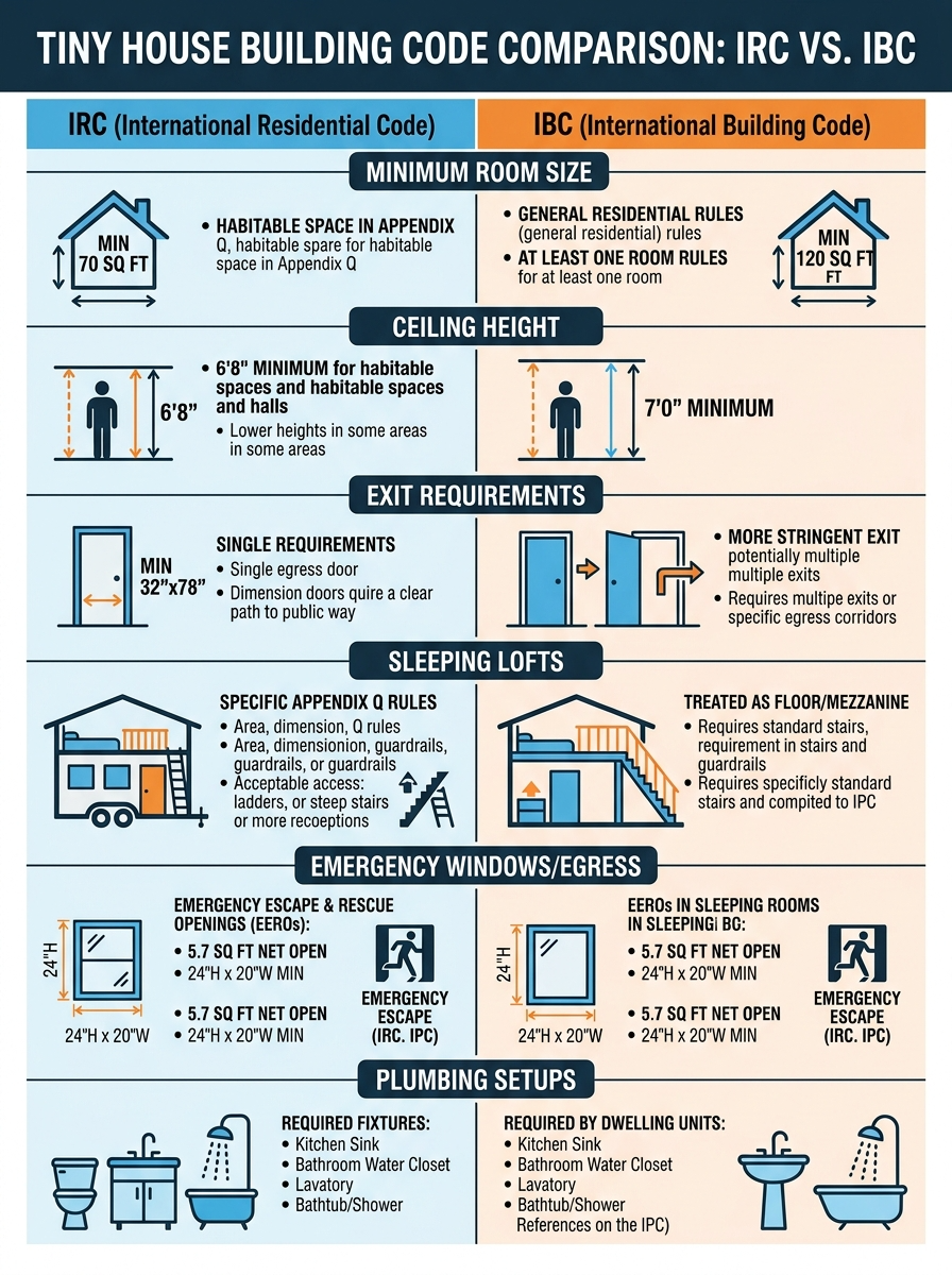 Infographic comparing IRC and IBC building codes for tiny houses.