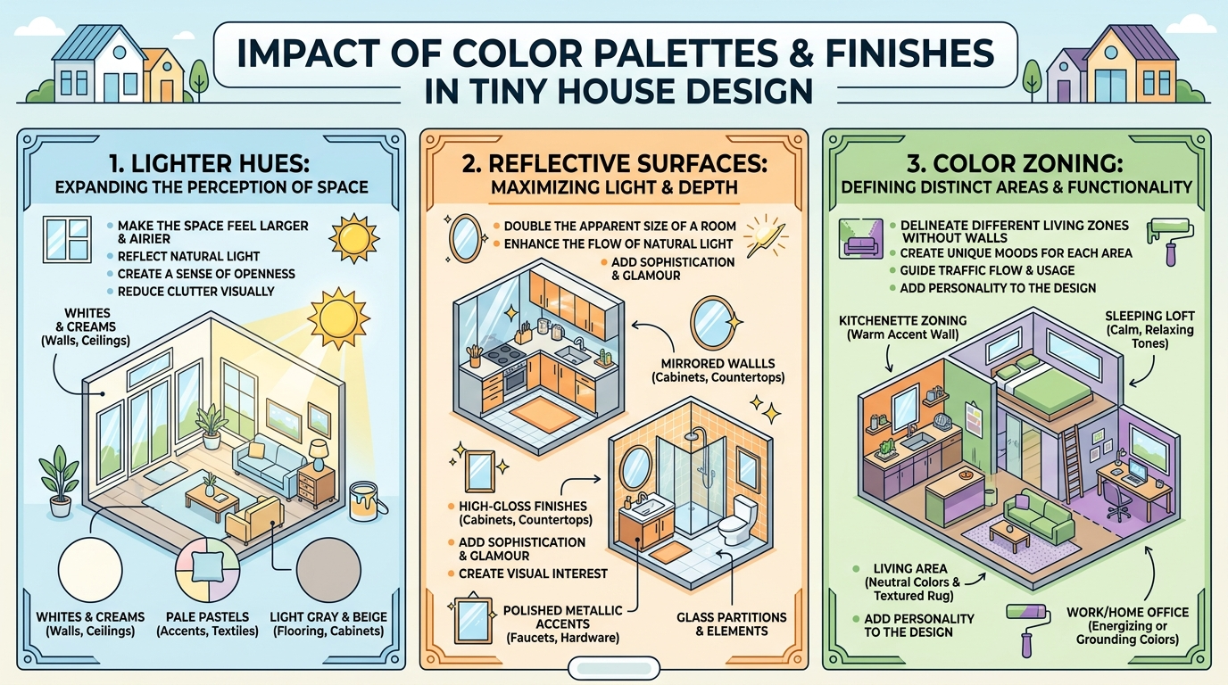 Infographic showing the influence of colors and finishes in tiny house design.