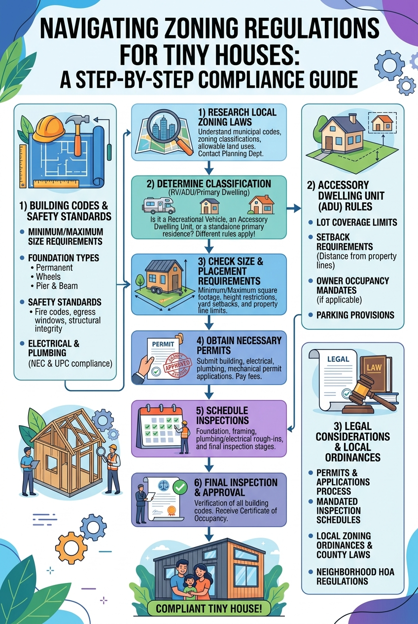 Infographic of zoning regulations and steps for tiny house compliance.
