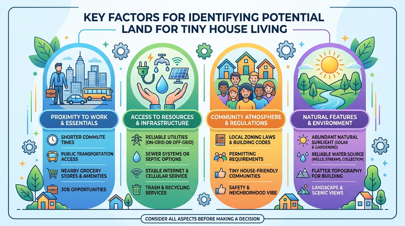 Infographic showing factors for choosing tiny house land, including proximity, resources, and natural features.