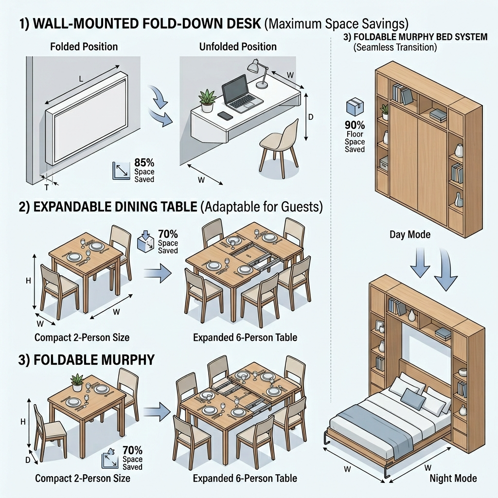 Infographic showing convertible furniture designs for tiny homes.