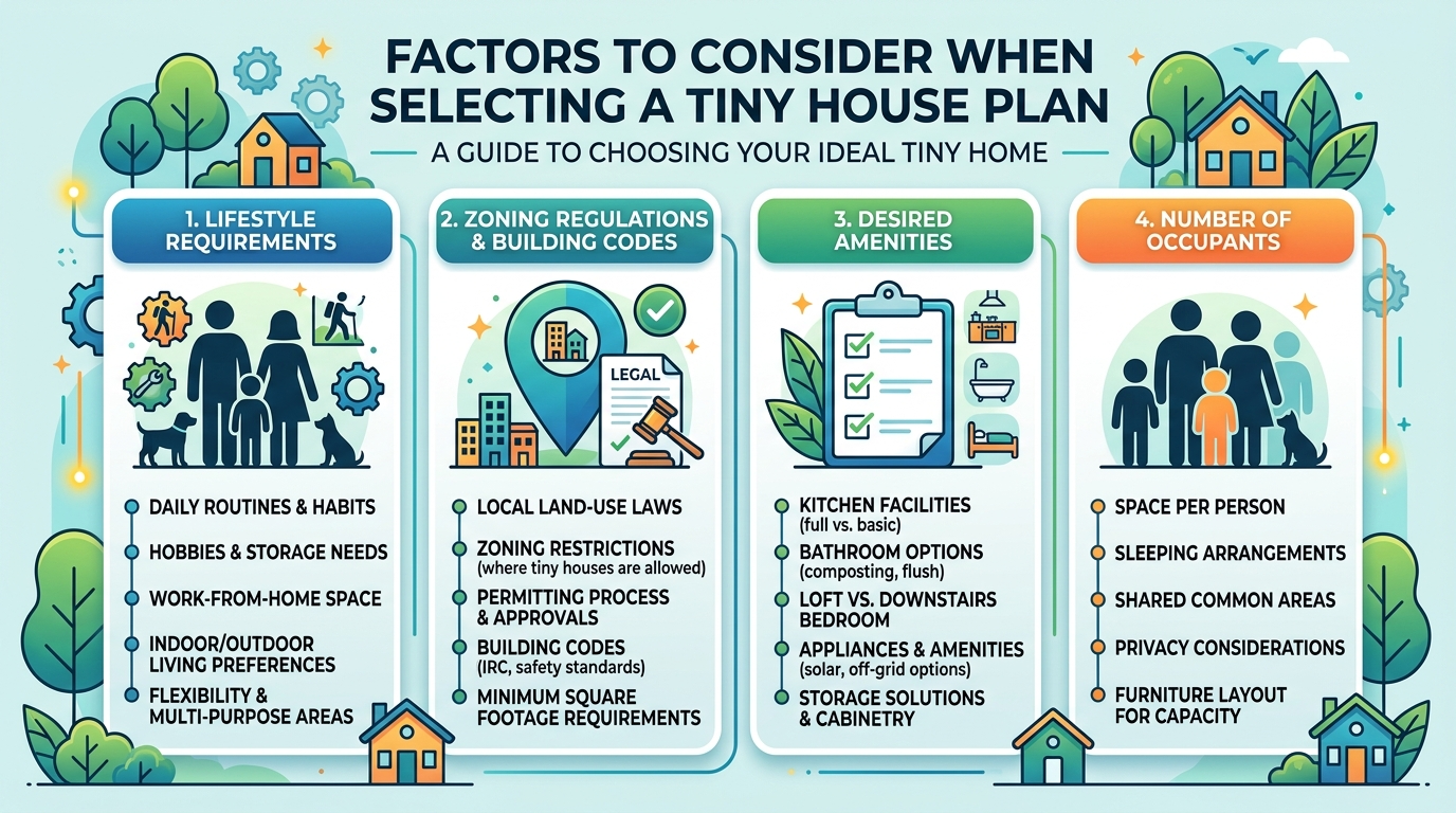 Infographic showing factors for selecting a tiny house plan, including lifestyle and zoning considerations.