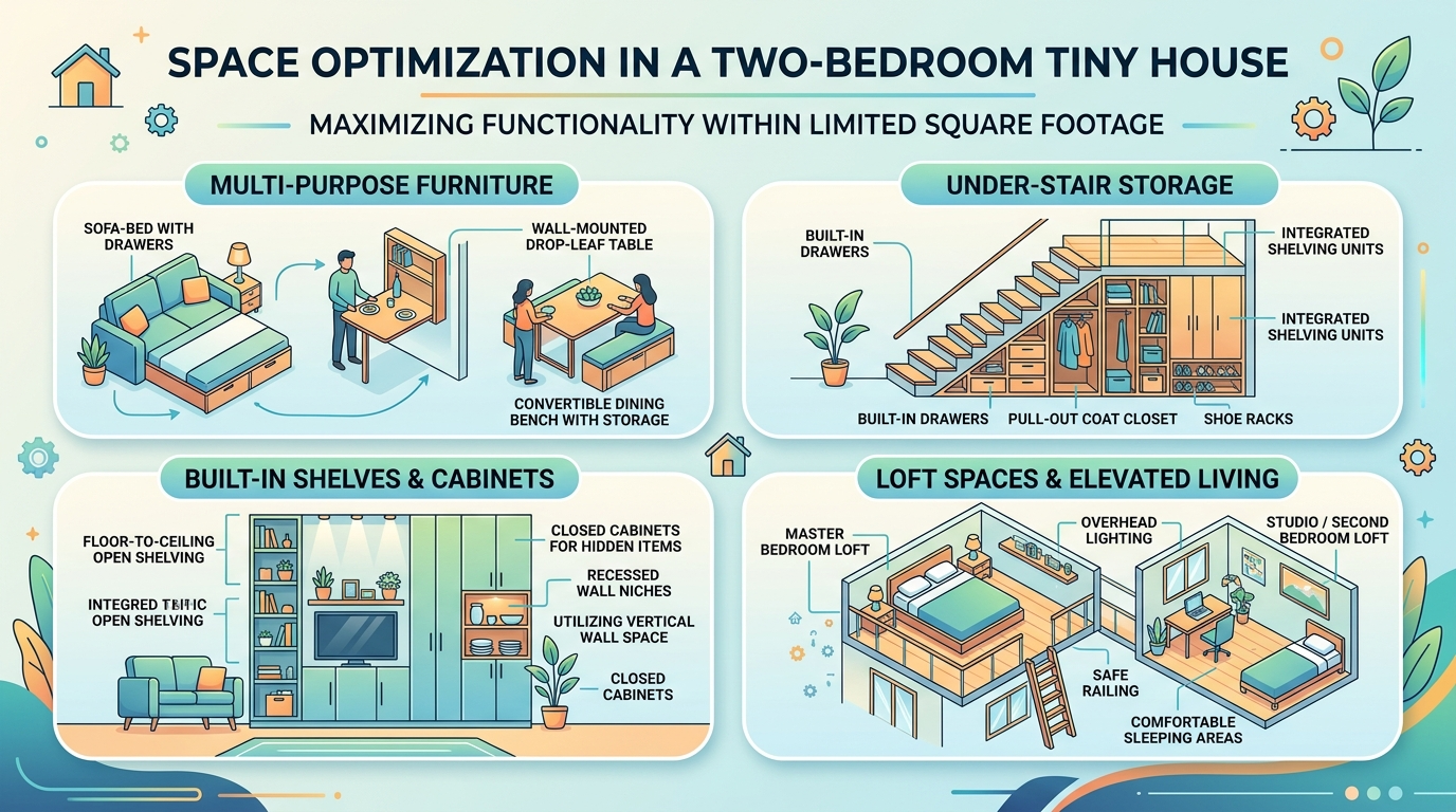 Infographic showing space optimization techniques for two-bedroom tiny houses.