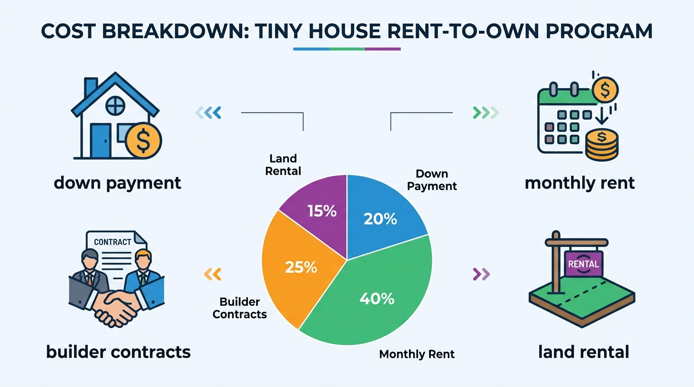 Infographic showing cost factors like down payment, rent, builder contracts, and land rental in tiny house programs.