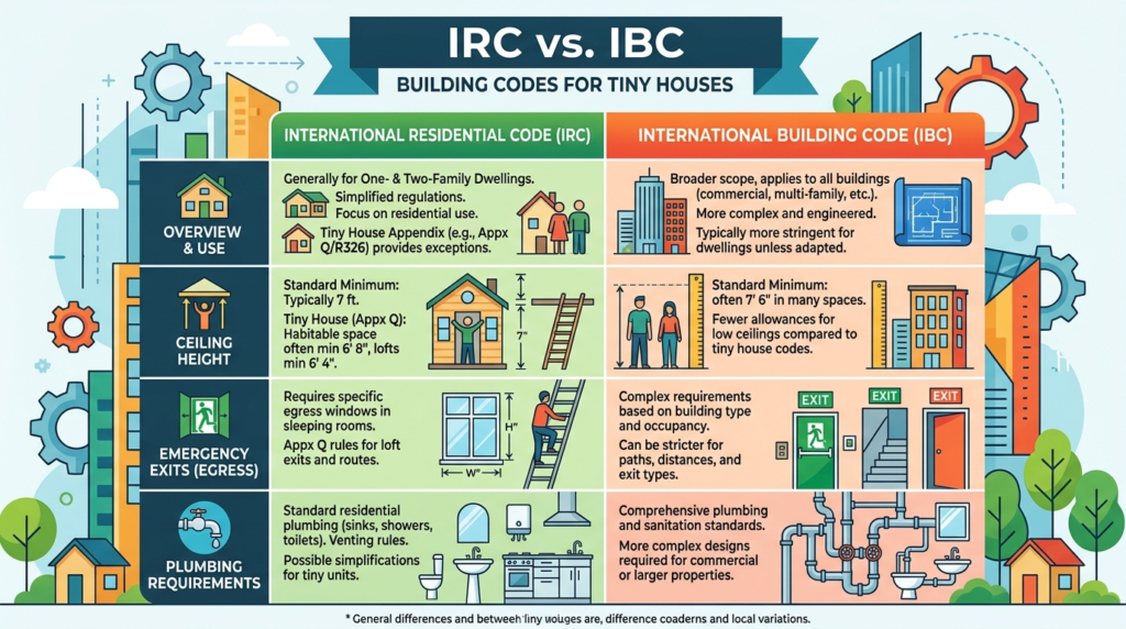 Infographic comparing IRC and IBC building codes for tiny houses.