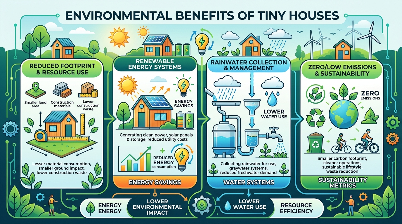 Infographic on environmental benefits of tiny houses with renewable energy systems.