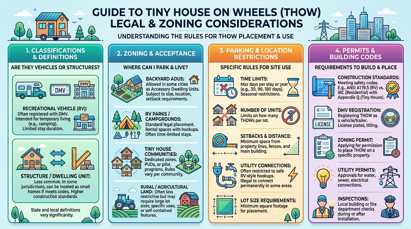 Infographic explaining legal and zoning rules for tiny houses on wheels.