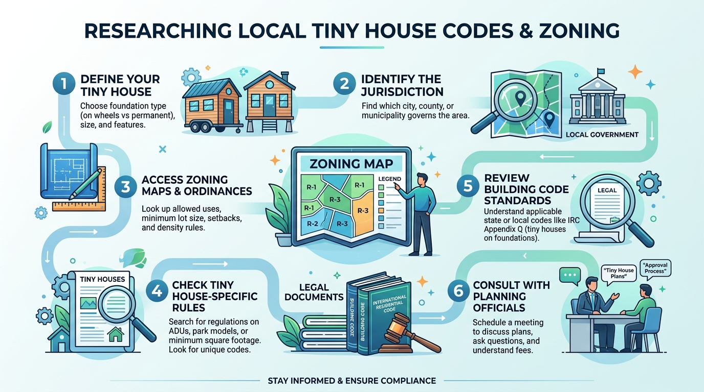 Infographic on researching building codes and zoning regulations for tiny houses.