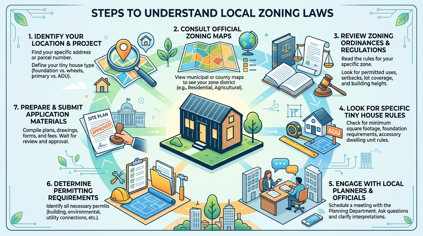 Infographic explaining zoning laws for tiny houses with permit icons.