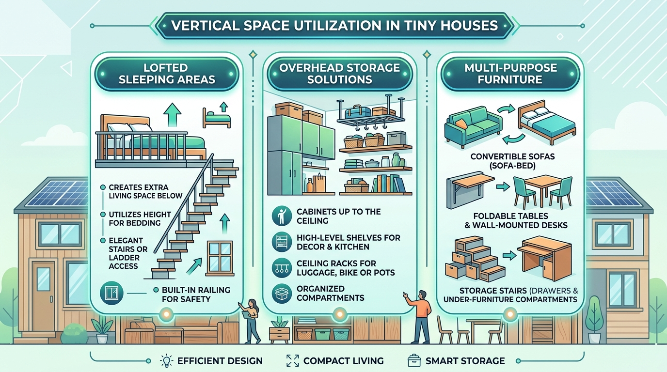 Infographic showing vertical space use in tiny houses with lofts, storage, and multi-purpose furniture.