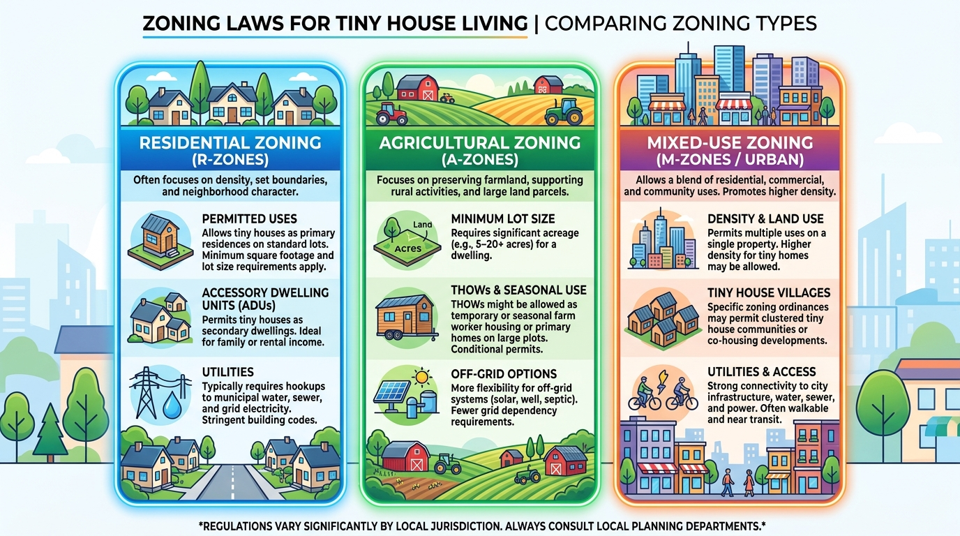 Infographic comparing residential, agricultural, and mixed-use zoning for tiny houses.