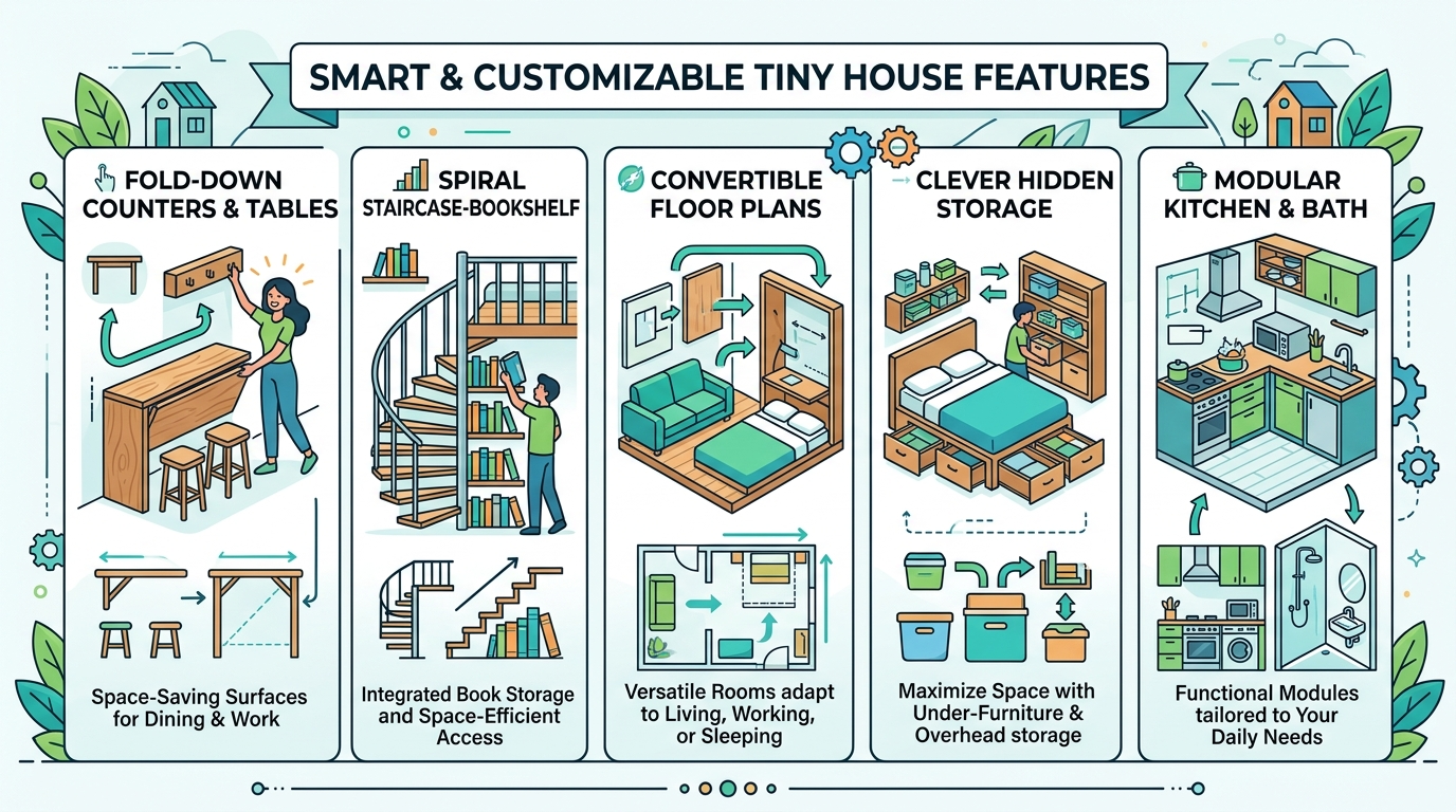 Infographic of customizable tiny house features and smart designs.