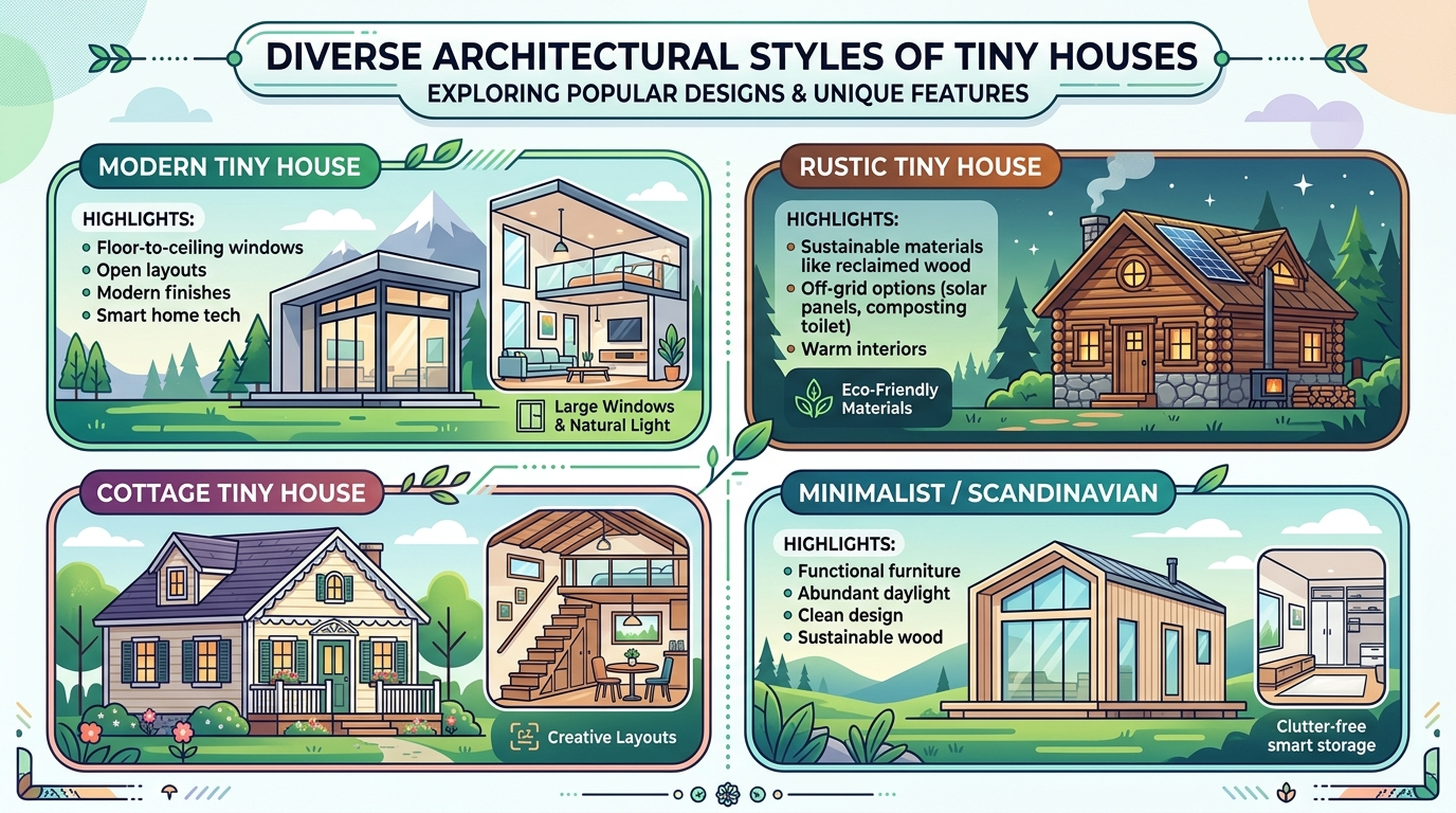 Infographic displaying diverse tiny house styles like modern, rustic, and cottage with unique features.