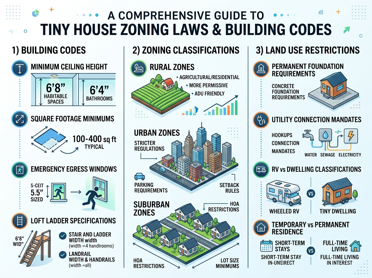 Infographic detailing zoning laws and building codes for tiny house land.