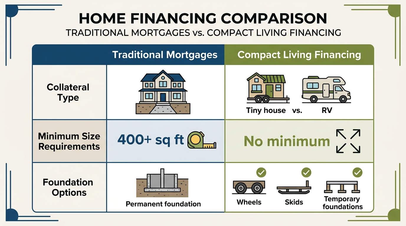 Infographic comparing traditional mortgages and tiny house financing options.